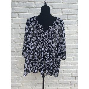 ROAMAN'S Black White Pattern V Neck 3/4 Sleeve Top Blouse Size 24W Lightweight